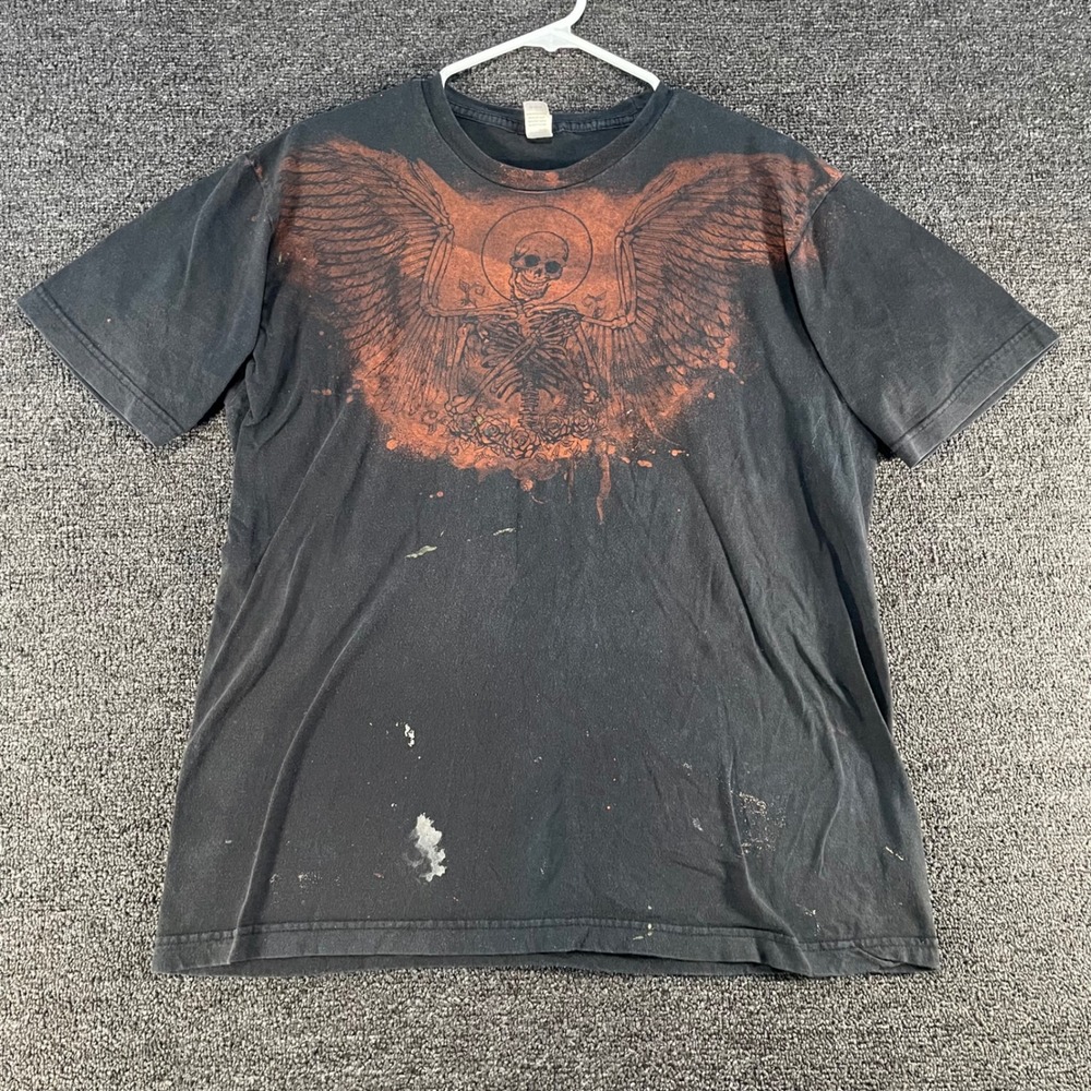 Tultex Graphic T-Shirt Mens Large Black Good Winged Skeleton Distressed Tee